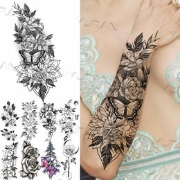 Sexy Black Flower Butterfly Temporary Tattoos For Women Thigh Men Fake Moon Rose Compass Fake Tatoos Forearm Tattoo Stickers