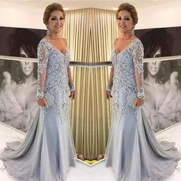 Elegant Blue Silver Mother of the Bride Dresses Long Sleeves 2021 V Neck Godmother Evening Dress Wedding Party Guest Gowns New3082