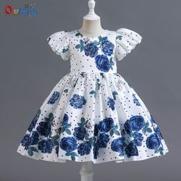 Outong Rose Flower Girls Dress Puff Sleeve Summer Sweet Dress Kids Girl Toddler Children Floral Child Gown For 5 10 Years