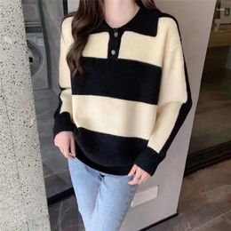 Women's Sweaters For Women Autumn And Winter Wear 2023 Relaxed Lazy Style Vintage Stripe Polo Collar Pullover Casual Knitwear Female