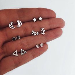 Stud Earrings Leaf Star Moon For Women Silver Color Geometric Triangle Black White Crystal Earring Jewelry