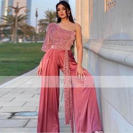 2023 Arabic Dubai Vestido De Novia One Long Sleeve Jumpsuit Prom Dresses Sequins Top Outfit Special Occasion Gowns BC15166 GW0210293N