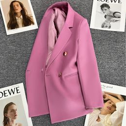 Women's Suits Blazers Purple Pink Metal Buttons Suit Coat Women British Style Double Breasted Jacket Tops Spring Autumn Loose Casual Blazer 230721