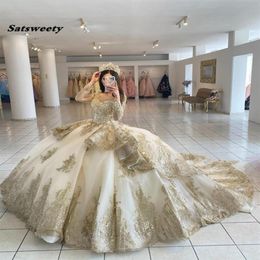 2022 Champagner Perlen Quinceanera Kleider Schnürung Applizierte Langarm Prinzessin Ballkleid Abschlussball Party Tragen Maskerade Dress3227