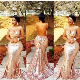 Glitter Rose Gold Sequin Prom Dresses Sexy Open Back Plus Size Spark Mermaid Formal Evening Gown New Fitted Black Girls Homecoming302y