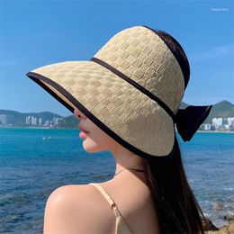 Wide Brim Hats Summer Empty Top Straw Sun Cap For Women Portable Foldable Checkerboard Bow Outdoor Beach Hat Femme Visors