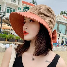 Wide Brim Hats Hat Female Summer Korean Version Beach Sun Hollow Bow Straw Block Fisherman