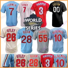 Benutzerdefiniertes Baseball-Trikot Harper Trea Turner Mike Schmidt Ranger Suarez J. T. Realmuto Alec Bohm Hoskins Castellanos Marsh Schwarber Nola Wheeler Utley Damen Jugend