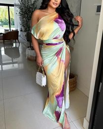 Casual Dresses Tie Dye Skew Neck High Slit Maxi Dress Women Waist Fashion Summer Spring Long Floor Length