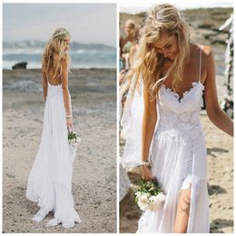 Split Evening Dresses Fancy Beach Wedding Dress Spaghetti Backless White Ivory Lace Bridal Gown White Ivory Lace Bridal Gown Eveni3264