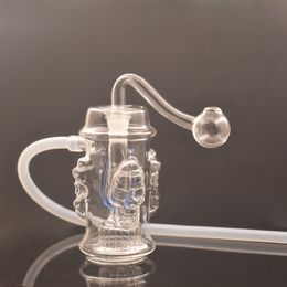 Cheapest Mini Glass Oil Burner Bong with Fourfold Skull Design Clear Pyrex Thick Smoking Water Pipe Recycler Ashcatcher Bong with 10mm Male Glass Oil Burner Pipe