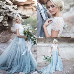 2019 Fairy Beach Boho Brautkleider mit Spitze, Stehkragen, A-Linie, weicher Tüll, Flügelärmel, rückenfrei, hellblaue Röcke, Übergröße, Bohemian-Stil, B235t