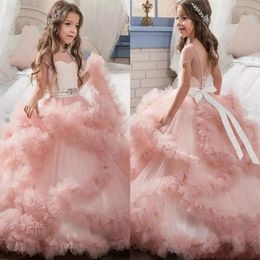Unique Designer Blush Pink Flower Girls Dresses 2017 Ball Gowns Cascading Ruffles Long Pageant Gowns for Little Girl MC1290189A