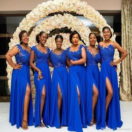 African Summer Royal Blue Chiffon Lace Bridesmaid Dresses A Line Cap Sleeve Split Long Maid of Honour Gowns Plus Size Custom Made B2091