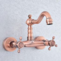 Kitchen Faucets Antique Red Copper Dual Handle Hole Wall Mounted Swivel Spout Sink Faucet Bathroom Basin Cold Water Taps Dsf862