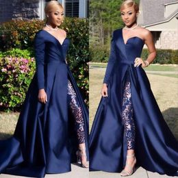 Royal Blue African Jumpsuits Prom Dresses One Shoulder Front Side Slit Pantsuit Evening Gowns Party Dress336R