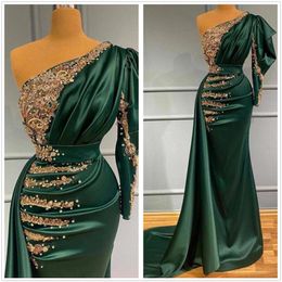 Dark Green Satin Mermaid Evening Dresses with Gold Lace Appliques Pearls Beads One Shoulder Pleats Long Formal Party Occasion Prom273F