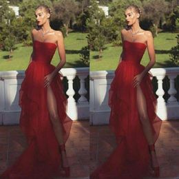 Chic Tulle Side Split Prom Dresses Strapless Sweep Train Long Evening Dress Ruched Robes De Cocktail Party Gowns297I