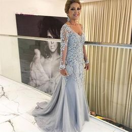 Silver Mother Of The Bride Dresses V Neck Long Sleeves Lace Appliques Mermaid Evening Prom Dress Wedding Party Guest Gowns312B