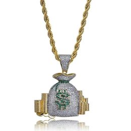 Hip Hop Men Rapper shiny diamond pendant gold necklace Dollar sign Money bag pendant micro-inset zircon Jewellery night club accessories Sweater rope twist chain 1497