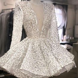 Real Image Lace Cocktail Dresses Long Sleeves Beaded Mini Skirt Short Prom Gowns Deep V Neck Celebrity Dress293a