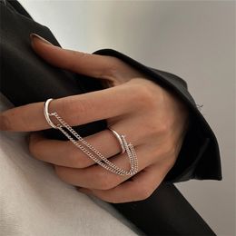Fashion Punk Chain Double Ring Set Women Hip Hop Open Ring Metal Silver Color Chain Geometric Party Jewlery Gifts