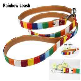 1 piece lot Pet Dog Leash Size S 1 5 120cm M 2 0 120 cm L 2 5 120cm Soft Canvas Cloth Pu Leather Material Rainbow Dog Lead2752