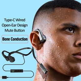 real bone conduction headphones type c wired bone transmission earphones sound earcuffs mute key for calls running wear painless