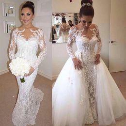 Mermaid Wedding Dresses Bridal Gowns With Detachable Skirt Luxury Detail Beaded Pearls Long Sleeve Dubai Arabic Overskirt262O