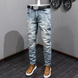 Men's Jeans Classical Fashion Men Retro Light Blue Stretch Slim Fit Ripped High Quality Vintage Designer Casual Denim Pants