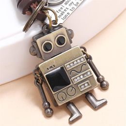 Keychains Vintage Limb Movable Robot Keychain Women Creative Metal Key Pendant Keyrings Men Hand-woven Cowhide Leather Car Chain295w