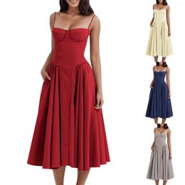 Casual Dresses Women Sleeveless Sling Long Dress Summer Solid Colour Backless A Line Bandage Midi Sundresses For