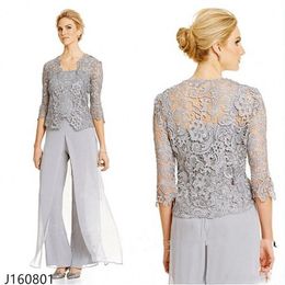 Classy Lace Mother Of The Bride Pant Suits With Jacket Chiffon Three Pieces Wedding Guest Dress Plus Size Mothers Groom Dresses297b
