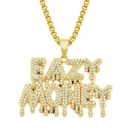 Hip Hop Rapper shiny diamond pendant necklace water dropped EAZY MONEY letters pendant micro-inset zircon jewelry 75cm night club accessory Twist rope chain 1534