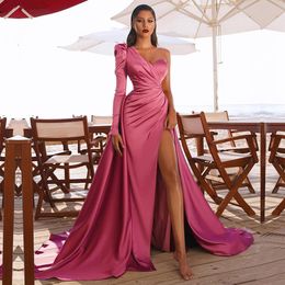 Rose Pink Pleat Satin Sexy One Shouldr Evening Dresses Gowns A Line High Split For Women Party Night Celebrity Dress2573