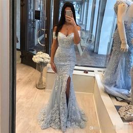 Sexy Off Shoulder Sliver Prom Dresses Lace Mermaid Style Appliques Front Split Stylish Evening Party Gowns Elegant Long Vestido251b