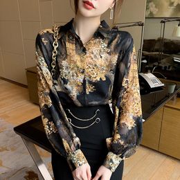 Women's Blouses Light Luxury Elegant Printed Black Women 2023 Style Fashion Vintage Loose Long Sleeve Chiffon Shirts Ladies