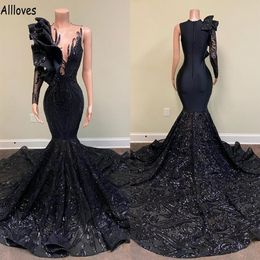 Vintage Black Sequined Lace Mermaid Evening Dresses Arabic Aso Ebi Sexy Sheer Neck One Shoulder Long Sleeve Prom Party Gowns For W236h
