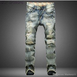 Big Size European Style Men Jeans Famous Brand Holes Frazzle Jeans Mens Casual Leisure Denim Long Pants Light Blue Size 28-42284y
