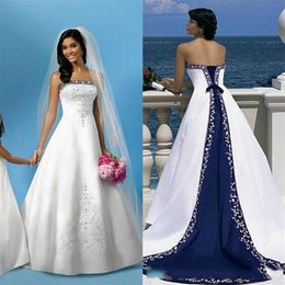 Plus Size White And Navy Blue A Line Wedding Dresses BAck LAce Up Custom MAde Bridal Gown330l