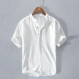 Curtains 2022 New White Shirt Men Short Sleeve 100% Linen Shirts Tops Fashion Ing Summer Breathable Solid Shirt Man Chemise Homme