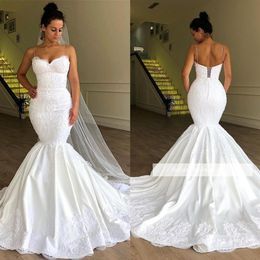 Elegant Plus Size Spaghetti Straps Lace Mermaid Wedding Dresses 2019 Tulle Applique Sweep Train Wedding Bridal Gowns With Lace Up 242a