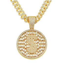 Hip Hop Rapper Men shiny diamond pendant gold necklace Iced out U.S. dollar round pendant micro-inset full zircon Jewellery night club punk 50cm Cuban chain 1551