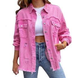 Women's Jackets In Spring Autumn Fashion Loose Long Denim Jacket With Torn Holes Women Streetwear Tassel Pink Casual Jean Coats 230721