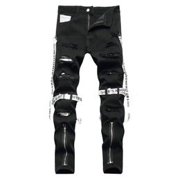 Mens Jeans Men Punk Zippers Black Trendy Streetwear Holes Ripped Denim Pants Ribbon Slim Straight Trousers 230721