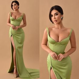 Elegant Green Prom Dresses Straps Sweetheart Sheath Evening Dress Pleats Slit Formal Long Special Ocn Party Dress