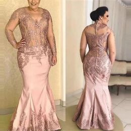 Plus Size Mermaid Mother Of The Bride Dresses Lace Appliques Sheer V Neck Long Sleeves Evening Prom Dress Formal Wedding Guest Gow293i