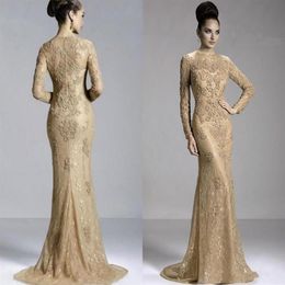 2020 Cheap Gold Champagne Mermaid Evening Dresses Full Lace Appliques Beaded Jewel Neck Long Sleeves Formal Evening Gowns Prom Pag189p