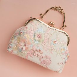 Evening Bags Women Lace Pink Lolita Pearl Beaded Frame Lady Tote Vintage Solid Clear Bag Handbag With White Cotton Fabric