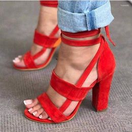 Sandals Europe Sexy High Heels Women 2023 Summer Gladiator Lace-Up Flock Casual Shoes Woman Size 34-43 Quality